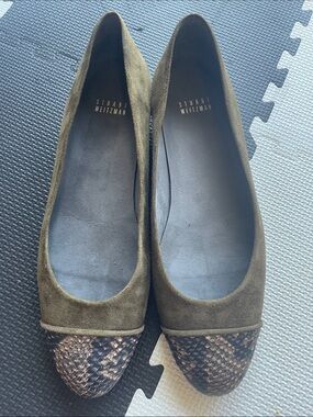 Stuart Weitzman Olive Suede Flats with Brown Snake-Print Toe